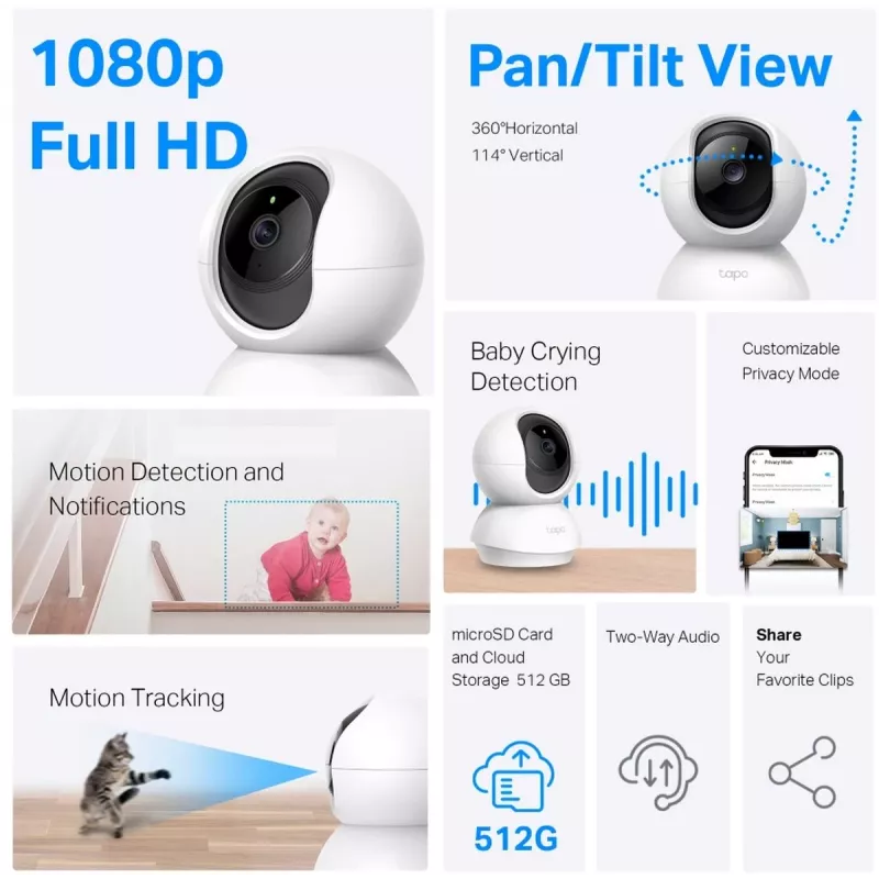 TP-Link Tapo C200C Pan/Tilt mājas drošības Wi-Fi kamera - 1080p Full HD, 360° horizontālais pārklājums, divvirzienu audio, nakts redzamība līdz 9m, MicroSD līdz 256GB, balta