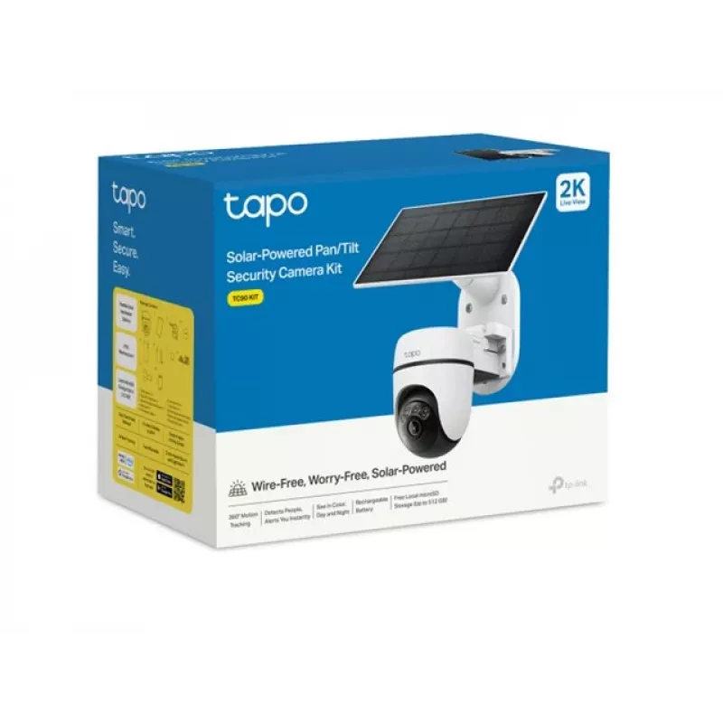 TP-Link Tapo TC90 KIT ar saules enerģiju darbināms panoramēšanas/slīpuma drošības kameras komplekts, 2K QHD, āra, akumulators un saules enerģija, IP65, krāsu nakts redzamība, bezvadu, 1 kamera