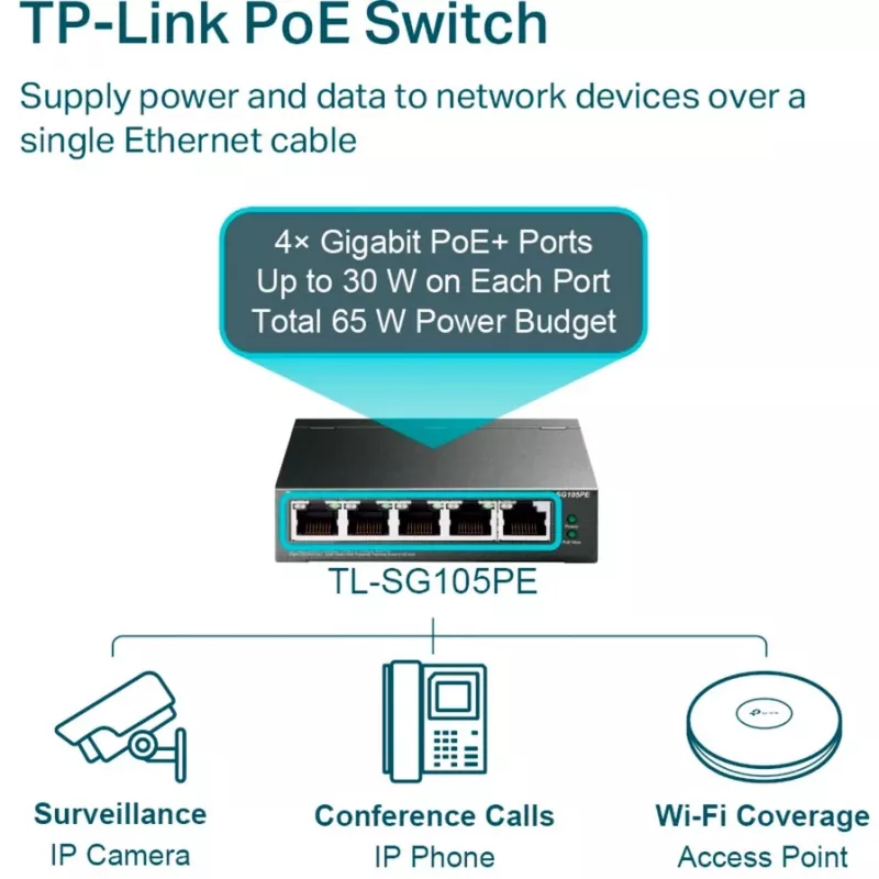 TP-Link TL-SG105PE Easy Smart Gigabit Switch ar 4 Portu PoE+