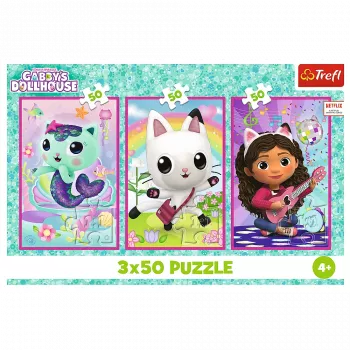 TREFL PUZZLE Puzle 3x50 - Iepazīstieties ar Gabiju un Gabijas leļļu māju Trefl 34876
