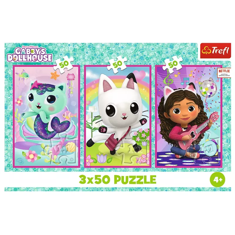 TREFL PUZZLE Puzle 3x50 - Iepazīstieties ar Gabiju un Gabijas leļļu māju Trefl 34876