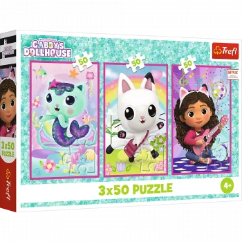 TREFL PUZZLE Puzle 3x50 - Iepazīstieties ar Gabiju un Gabijas leļļu māju Trefl 34876