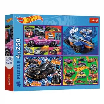 TREFL PUZZLE Puzles 4x250 – Hot Wheels – Sacīkšu mašīnas – Trefl 13312