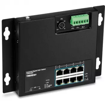 TRENDnet TI-PG102F industriālais 8 portu Gigabit PoE+ slēdzis (240W, DIN-sliede, IP30, bez ventilatora)