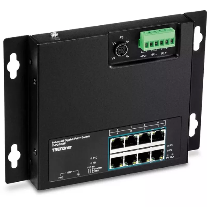 TRENDnet TI-PG102F industriālais 8 portu Gigabit PoE+ slēdzis (240W, DIN-sliede, IP30, bez ventilatora)