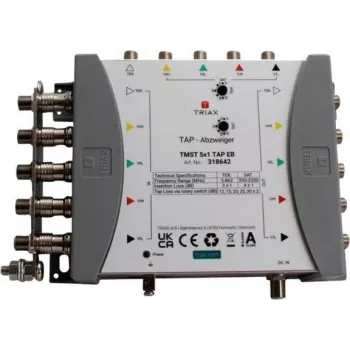 TRIAX TMST 5x1 TAP multiswitch ar 4dB atzarojuma zudumiem, 5 satelīta ieejas, sauszemes ieeja, 4 abonentu izejas 318642