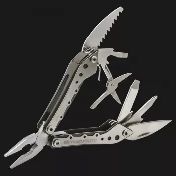 True Utility Minimulti 10-in-1 kabatas daudzrīks ar knaiblēm, nazi, zāģi, skrūvgriežiem, pudeļu attaisāmo, atslēgu gredzena cilpu, sudraba krāsā