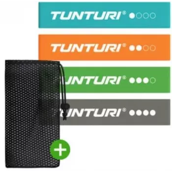 Tunturi Mini Pretestības Lentu Komplekts (4 gab.) - 100% Dabīgais Latekss Vingrošanas Lentas ar Uzglabāšanas Somu, no Vieglas līdz Īpaši Smagai Pretestībai