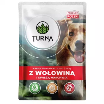 TURNA Slapjā suņu barība ar liellopu gaļu – 100 g paciņa (Pilnvērtīga un sabalansēta pieaugušo suņu barība)