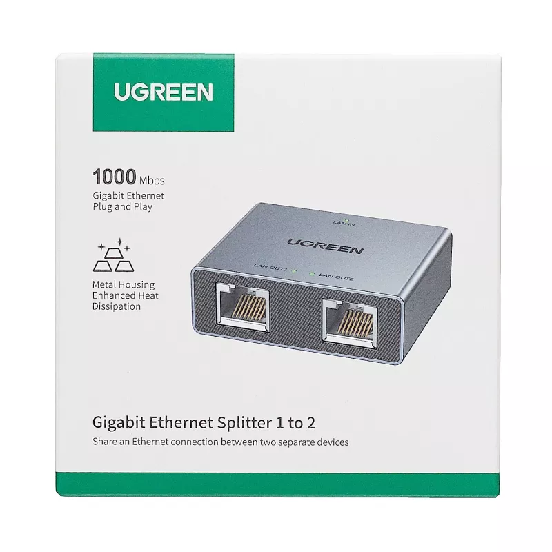 UGREEN 1-to-2 Gigabit Ethernet sadalītājs, 1000Mbps LAN tīkla adapteris, RJ45 vīrietis uz 2 sievietēm, pasīvs, melns