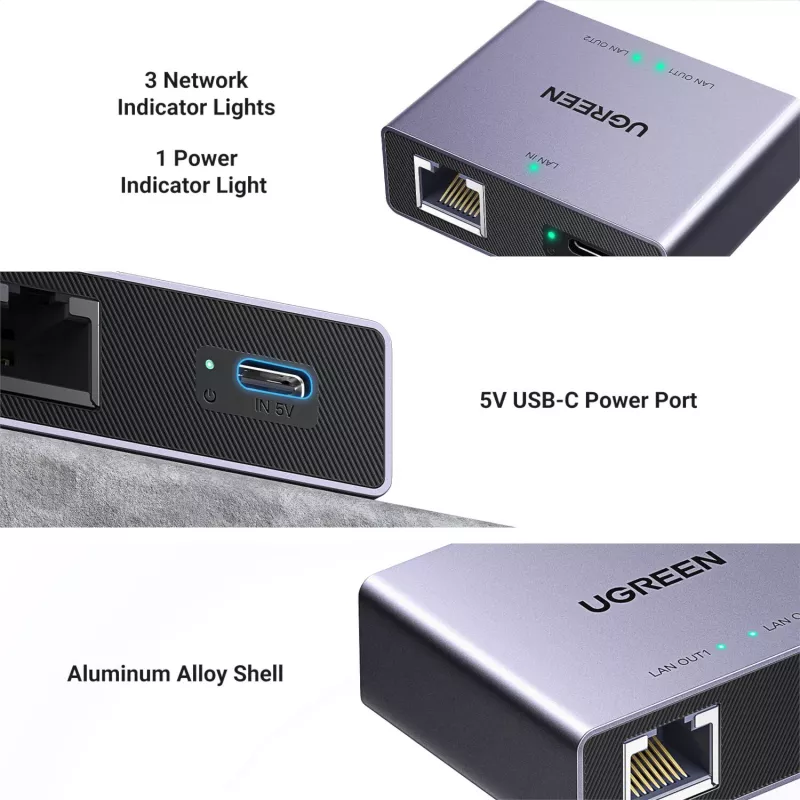 UGREEN 1-to-2 Gigabit Ethernet sadalītājs, 1000Mbps LAN tīkla adapteris, RJ45 vīrietis uz 2 sievietēm, pasīvs, melns