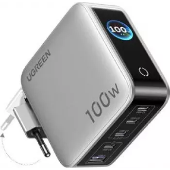 UGREEN 100W GaN Tech Nexode Pro 5-in-1 sienas lādētājs ar viedo displeju un skārienvadību, 4x USB-C un 1x USB-A, pelēks 65620