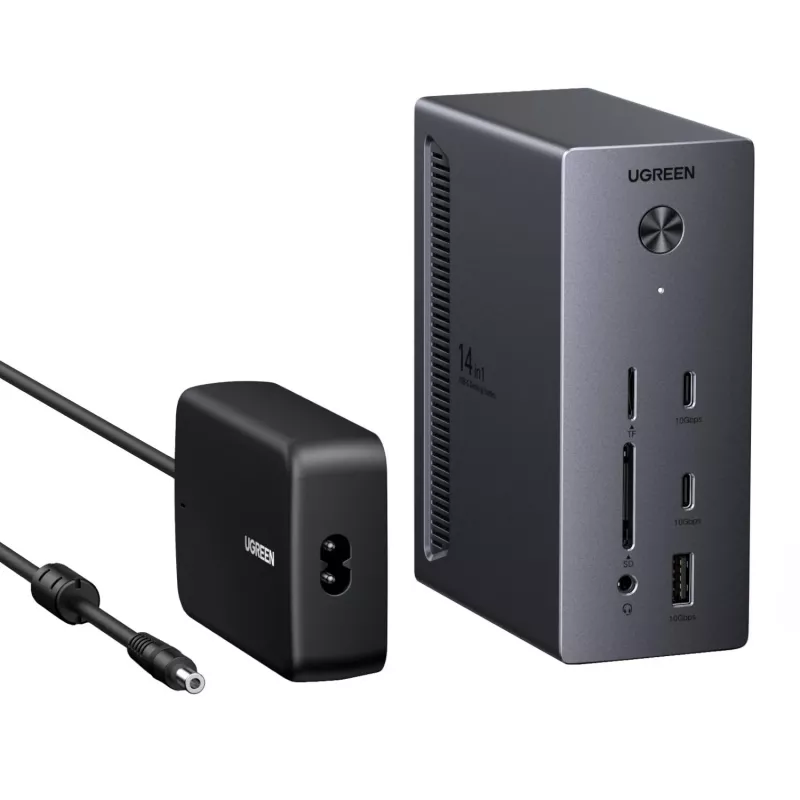 UGREEN 14-in-1 USB-C dokstacija ar diviem DisplayPort, HDMI, 100W PD, Gigabit Ethernet, SD/TF karšu lasītājiem un 3.5mm audio