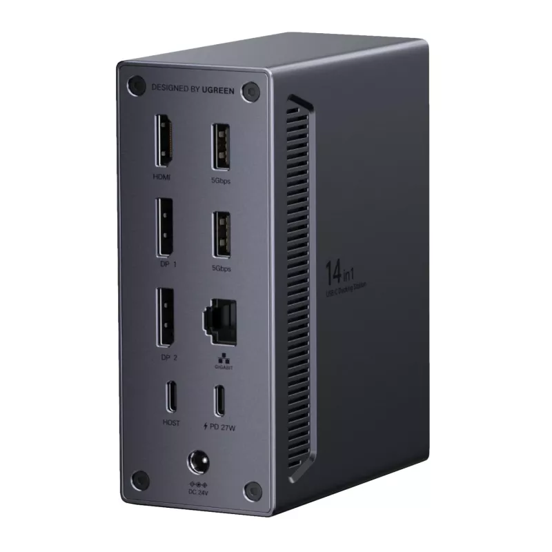 UGREEN 14-in-1 USB-C dokstacija ar diviem DisplayPort, HDMI, 100W PD, Gigabit Ethernet, SD/TF karšu lasītājiem un 3.5mm audio