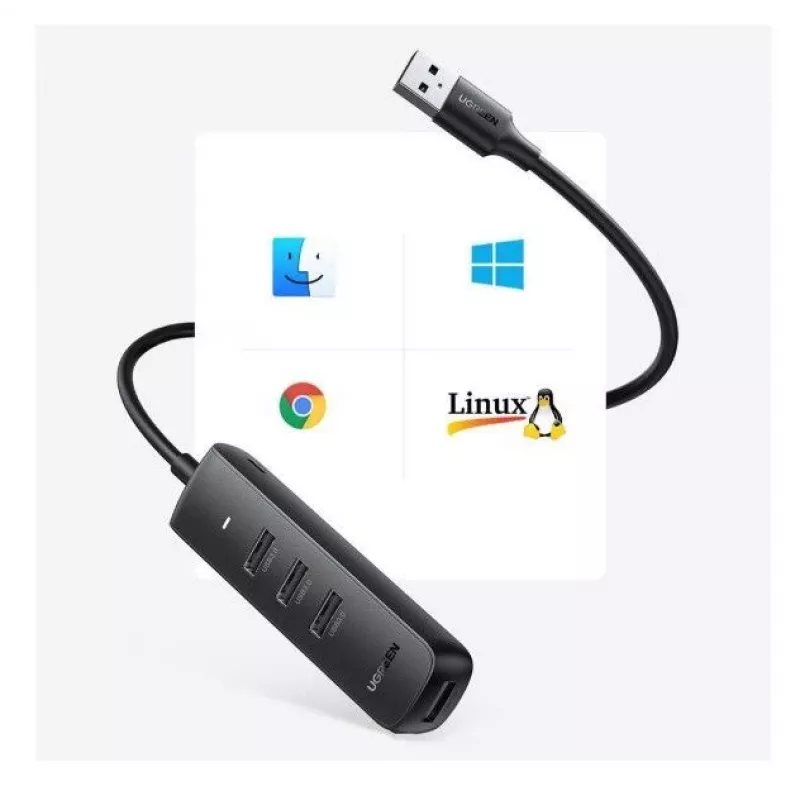 UGREEN 4-in-1 USB Hub 4x USB-A 3.0 PD DC 12V 0.25m Melns (CM416 10915)