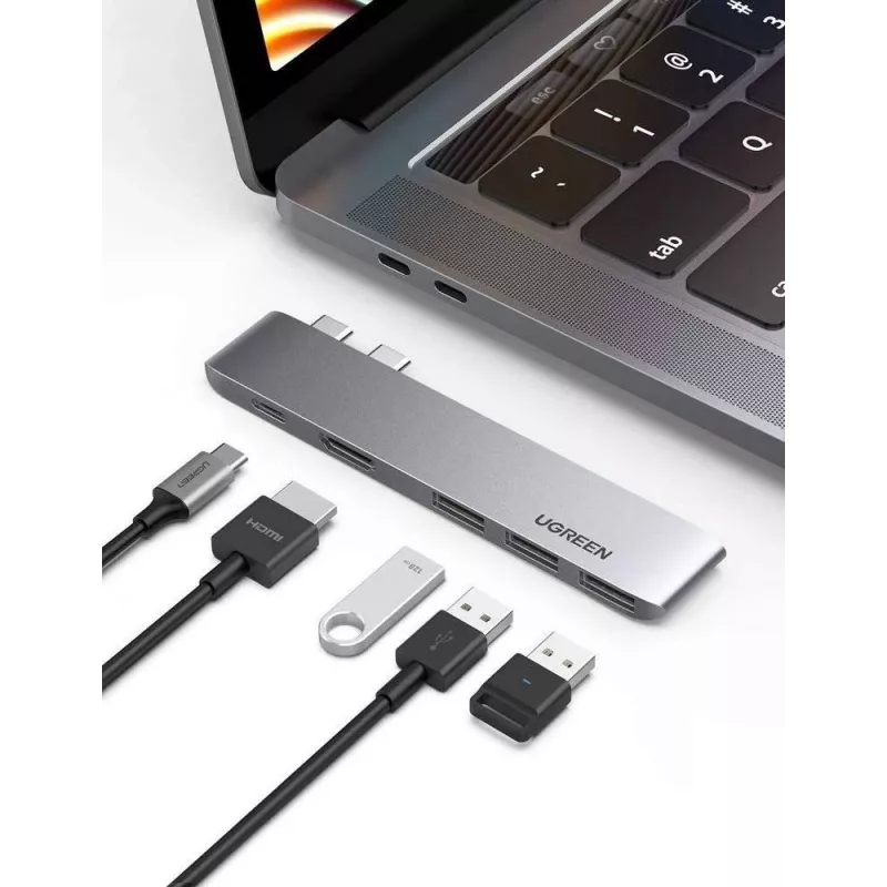 UGREEN 60559 USB-C dokstacija 9-in-1 centrmezgls ar 4K HDMI, 3x USB 3.0, Gigabit Ethernet, SD/MicroSD, 100W PD, sudraba