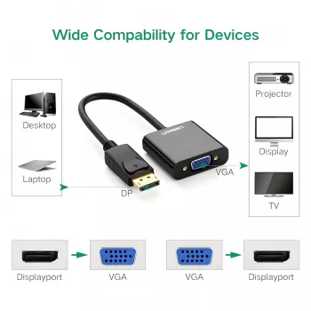 UGREEN DisplayPort vīriešu uz VGA sieviešu pārveidotājs, aktīvs adapteris, Full HD 1080p, zeltīts, melns