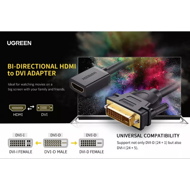 UGREEN DVI-HDMI kabeļa adapteris 15cm vīrietis-sieviete 1080p Full HD melns