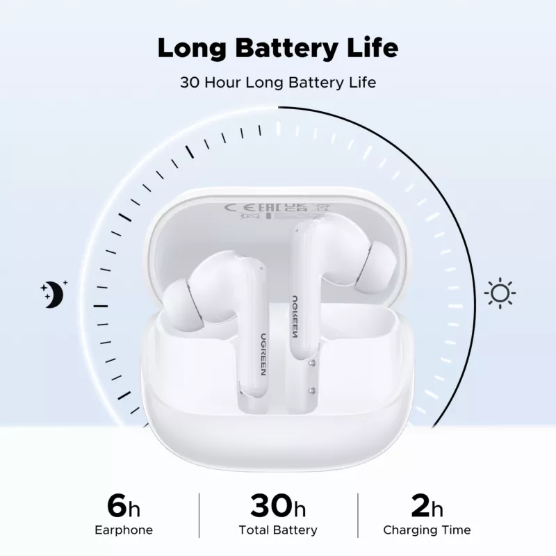 UGREEN EchoBuds Magic bezvadu austiņas ar aktīvo trokšņu slāpēšanu, Bluetooth 5.2, IPX5 ūdensizturība – balta