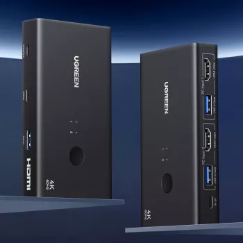 UGREEN HDMI 2.0 KVM slēdzis 2-in-1 Out, 2 datori 1 monitors, 4K@60Hz, 3 portu USB 2.0 centrmezgls, pogas un karsto taustiņu pārslēgšana, alumīnija sakausējums, HDCP 2.2, HDR10