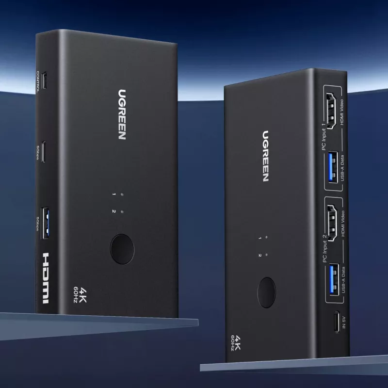 UGREEN HDMI 2.0 KVM slēdzis 2-in-1 Out, 2 datori 1 monitors, 4K@60Hz, 3 portu USB 2.0 centrmezgls, pogas un karsto taustiņu pārslēgšana, alumīnija sakausējums, HDCP 2.2, HDR10