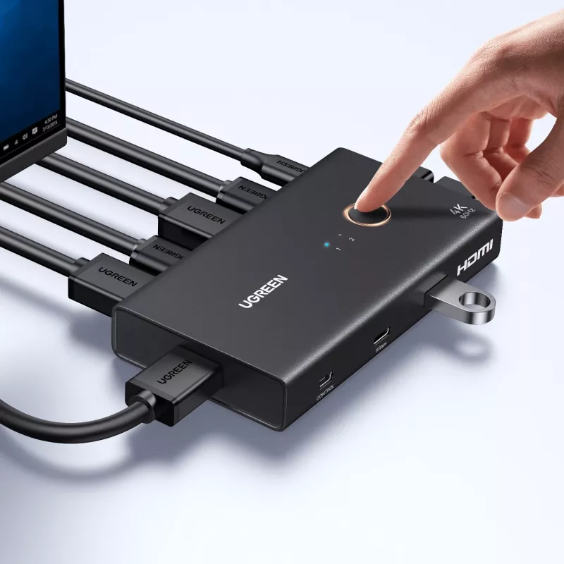 UGREEN HDMI 2.0 KVM slēdzis 2-in-1 Out, 2 datori 1 monitors, 4K@60Hz, 3 portu USB 2.0 centrmezgls, pogas un karsto taustiņu pārslēgšana, alumīnija sakausējums, HDCP 2.2, HDR10