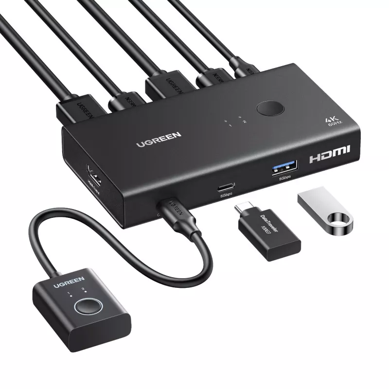 UGREEN HDMI 2.0 KVM slēdzis 2-in-1 Out, 2 datori 1 monitors, 4K@60Hz, 3 portu USB 2.0 centrmezgls, pogas un karsto taustiņu pārslēgšana, alumīnija sakausējums, HDCP 2.2, HDR10