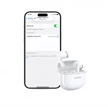 UGREEN HiTune P3 iekšējās bezvadu austiņas ar hibrīdo ANC, 35dB trokšņu slāpēšanu, 4-mikrofonu ENC, 30H akumulatoru, IPX5, Bluetooth 5.2, zemu latentumu, baltas