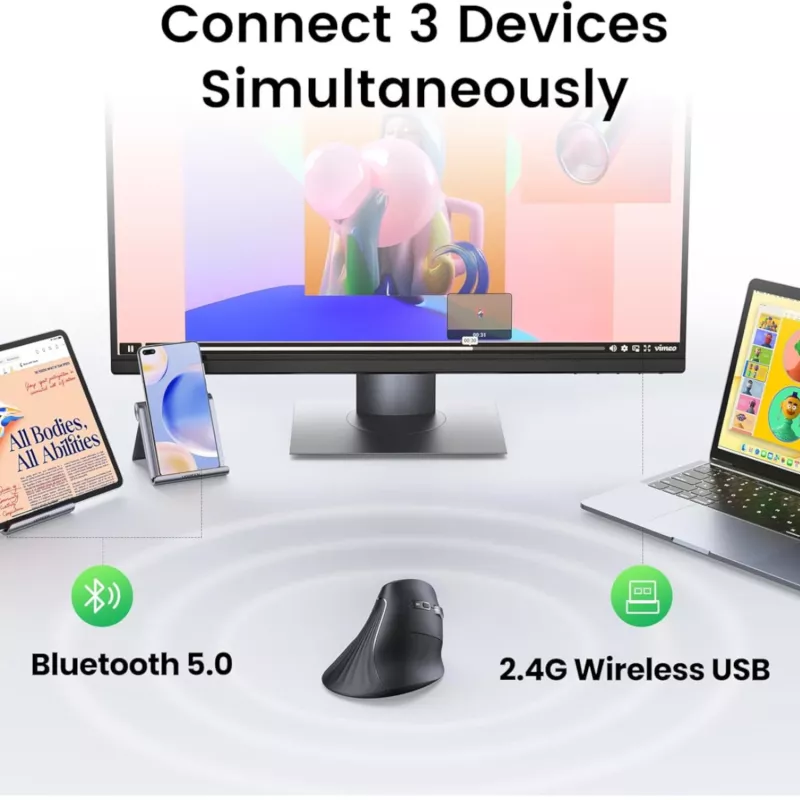 UGREEN Multi-Mode vertikālā pele Bluetooth un 2.4G bezvadu – melna