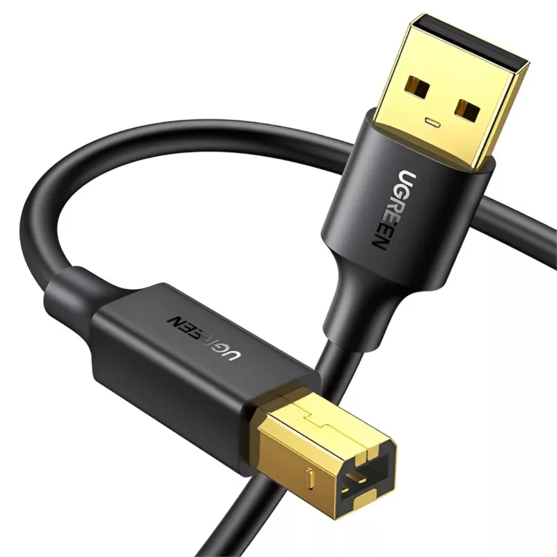 UGREEN US135 USB 2.0 A-B kabelis, zeltīti kontakti, 2m, melns