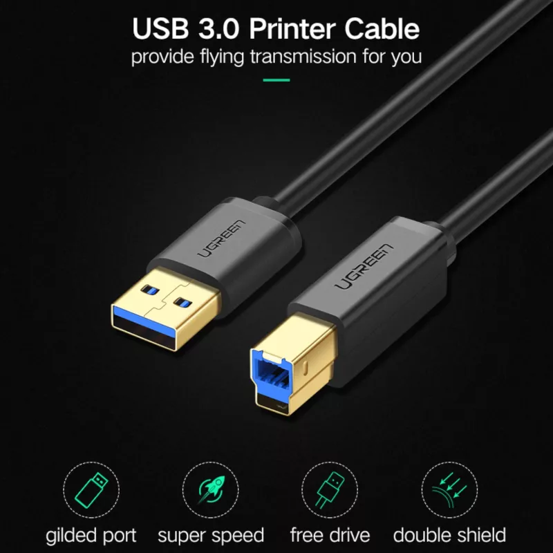 UGREEN US210 USB 3.0 A-B kabelis, 2m, melns