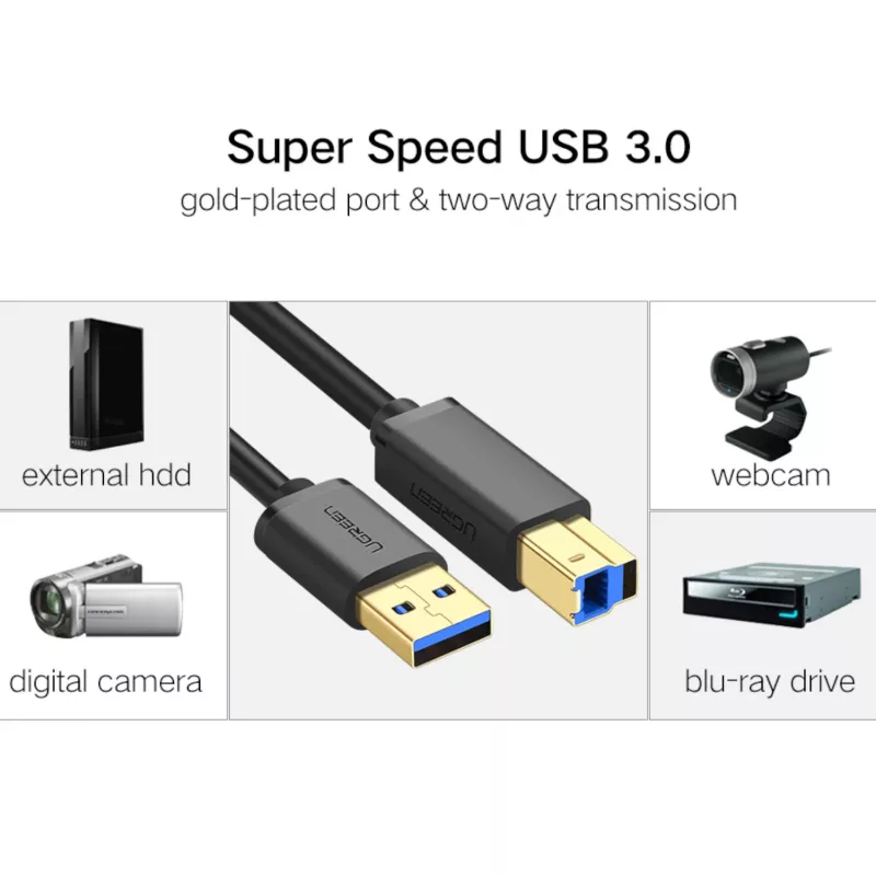 UGREEN US210 USB 3.0 A-B kabelis, 2m, melns
