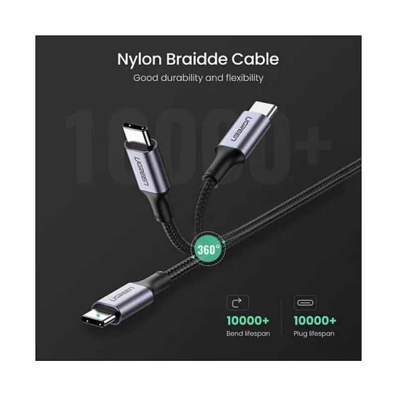 UGREEN USB-C uz USB-C 100W pīts neilona lādēšanas kabelis 2m melns