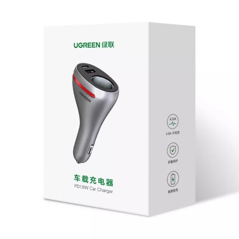 UGREEN USB Type C / USB QC PD 24W Auto lādētājs ar 12V cigarešu šķiltavu ligzdu Sudraba (CD204)