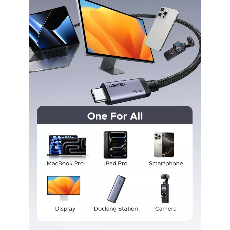UGREEN USB4 USB-C uz USB-C kabelis 240W 40Gbps 16K@60Hz 80Gbps Thunderbolt 4 saderīgs 1m neilona pīts