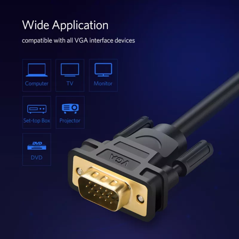 UGREEN VG101 VGA vīriešu-vīriešu kabelis 3M – zeltīti kontakti, dubulti ferīta serdeņi, Full HD 1080p