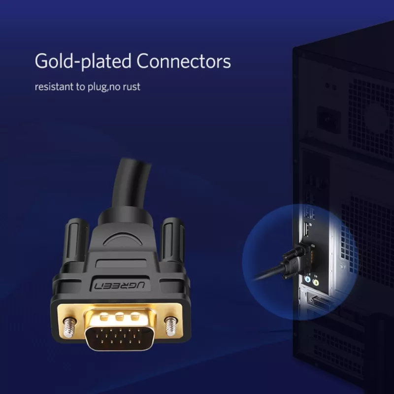 UGREEN VG101 VGA vīriešu-vīriešu kabelis 3M – zeltīti kontakti, dubulti ferīta serdeņi, Full HD 1080p