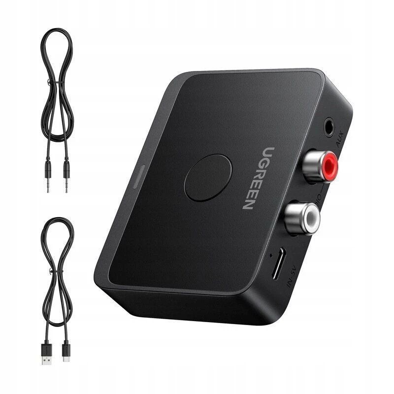 UGREEN Wireless Bluetooth 5.3 LDAC Hi-Res Audio uztvērējs ar 3.5mm AUX un 2x RCA izeju, ESS ES9018K2M DAC, aptX HD, aptX Adaptive, aptX, AAC, SBC, divu ierīču savienojums, alumīnija sakausējums, melns