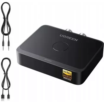 UGREEN Wireless Bluetooth 5.3 LDAC Hi-Res Audio uztvērējs ar 3.5mm AUX un 2x RCA izeju, ESS ES9018K2M DAC, aptX HD, aptX Adaptive, aptX, AAC, SBC, divu ierīču savienojums, alumīnija sakausējums, melns
