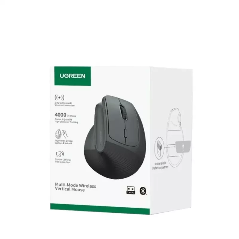 UGREEN bezvadu vertikālā pele melna 2.4GHz ergonomiska klusa klikšķa 2400 DPI