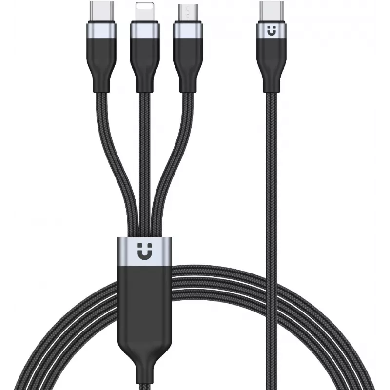 UNITEK 3-in-1 USB-A uz Lightning, USB-C, Micro USB neilona pīts uzlādes kabelis 1,2 m melns