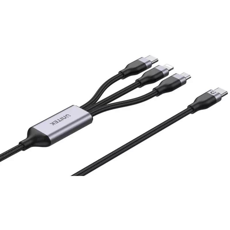 UNITEK 3-in-1 USB-A uz Lightning, USB-C, Micro USB neilona pīts uzlādes kabelis 1,2 m melns
