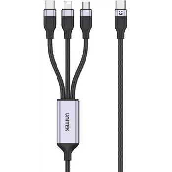 UNITEK 3-in-1 USB-A uz Lightning, USB-C, Micro USB neilona pīts uzlādes kabelis 1,2 m melns