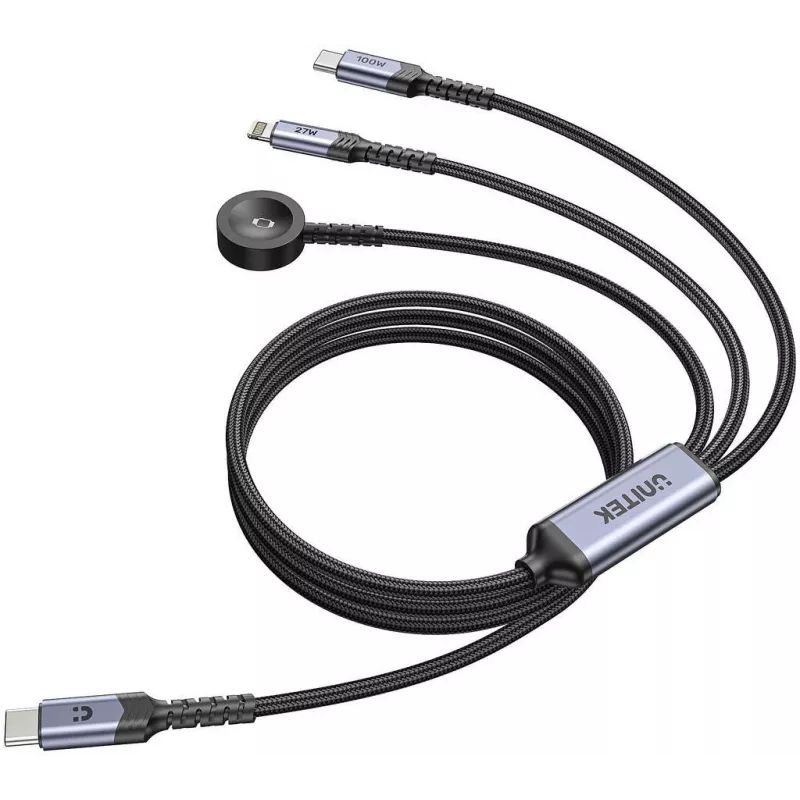 UNITEK 3-in-1 USB-C + Lightning + Apple Watch uzlādes kabelis, 100W PD, 480 Mbps, 1,2 m, melns