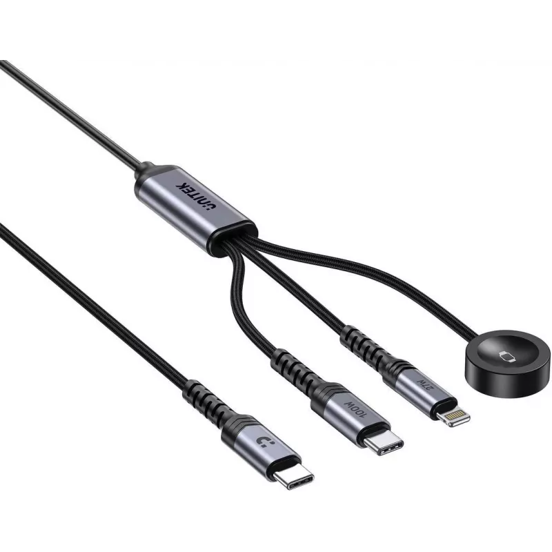 UNITEK 3-in-1 USB-C + Lightning + Apple Watch uzlādes kabelis, 100W PD, 480 Mbps, 1,2 m, melns