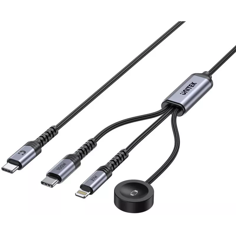 UNITEK 3-in-1 USB-C + Lightning + Apple Watch uzlādes kabelis, 100W PD, 480 Mbps, 1,2 m, melns