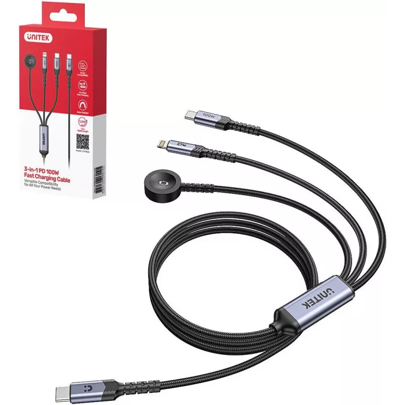 UNITEK 3-in-1 USB-C + Lightning + Apple Watch uzlādes kabelis, 100W PD, 480 Mbps, 1,2 m, melns