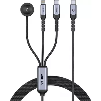 UNITEK 3-in-1 USB-C + Lightning + Apple Watch uzlādes kabelis, 100W PD, 480 Mbps, 1,2 m, melns