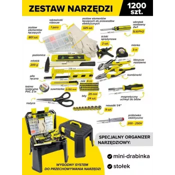 Universāls instrumentu un stiprinājumu komplekts 1200 gab. 1/4 collas 6 punktu ar sprūdratu, uzgaļiem, skrūvgriežiem, uzgriežņu atslēgām, sešstūra atslēgām, knaiblēm, āmuru, nazi, mērlenti, līmeņrādi, skrūvēm, uzgriežņiem, paplāksnēm, dībeļiem, naglām, iz
