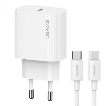 USAMS Yi Series T65 20W PD ātrais lādētājs ar USB-C uz USB-C 60W kabeli, balts (OYXLTZ01)